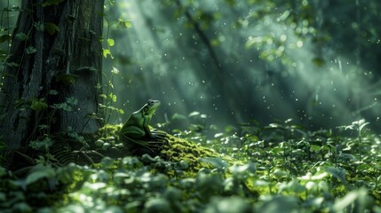 Futuristic forest with realistic frog, beautiful details, dark green and grey colors