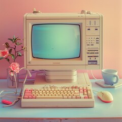 Retro computer setup, pastel fashion tones, vintage tech style ,ultra HD,clean sharp