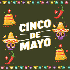 Cinco de Mayo - May 5, federal holiday in Mexico. Fiesta banner and poster design with guitar, tequila, sombrero, confetti. Lettering calligraphy inscription Cinco de Mayo. Vector illustration.