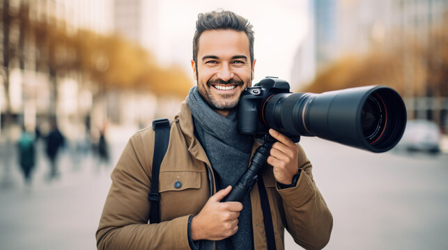  Happy photographer with his camera,Confident and happy smiling man 
