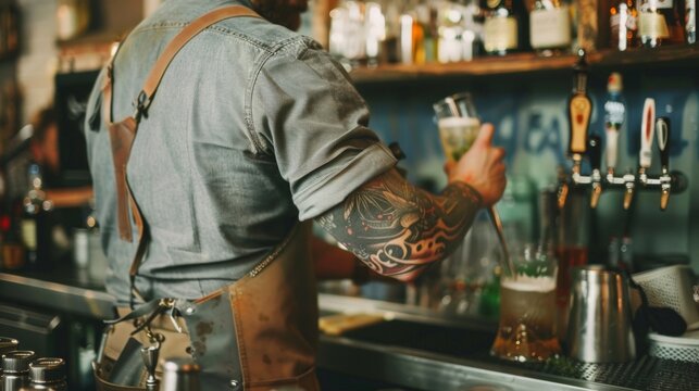 A burly bartender stands behind the bar with back to the camera expertly mixing drinks and serving up shots to the rowdy crowd. . .