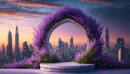 Lavender lilac arch over empty podium in twilight city setting