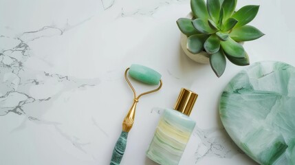 A jade facial roller, skincare bottle, soap bar, and succulent plant arranged neatly on a marble...