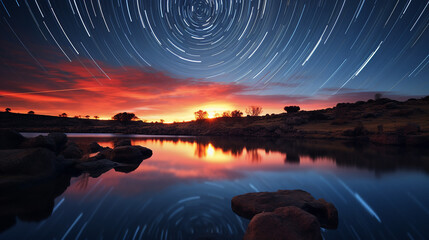An awe inspiring astrophotography image of a celestial twilight. Milky ways, lake, and silhouette trees on horizon.