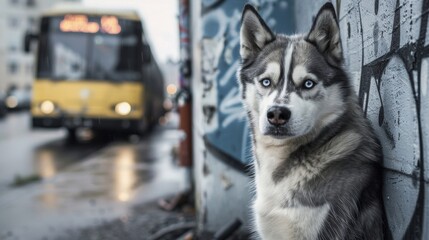 A majestic husky poses for a photo against a concrete wall its piercing blue eyes standing out against the urban backdrop. A city bus passes by in the background adding to