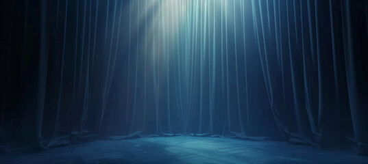 Dark blue theater curtains with spotlight on stage, theatrical drapery template - obrazy, fototapety, plakaty