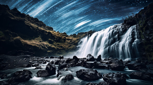 Image of a stellar. Waterfall landscape, rock, below milky ways background.