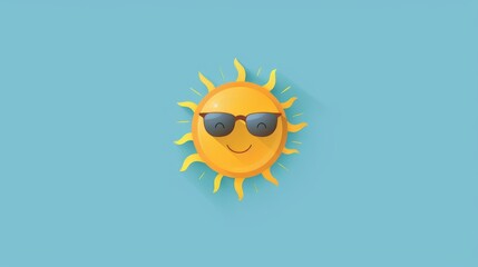A minimalist flat design illustration of a sun with sunglasses, smiling against a blue background