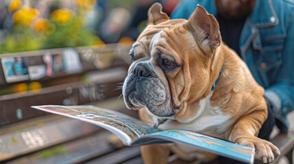 A stocky bulldog takes a midday break on a bench in a bustling city park its owner sitting close by and browsing a dogfriendly map of nearby attractions.