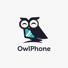 Fun mascot owl phone logo icon vector template on white background