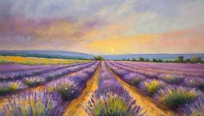 lavender fields summer landscape in provence at sunset oil painting on canvas