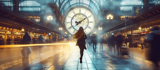 A determined woman races in a train station, chasing time ⏱️💨 Her expression shows focus amidst the bustling crowd, with motion blur emphasizing urgency. #RaceAgainstTime - obrazy, fototapety, plakaty