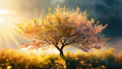 Fototapeten blooming wild flower tree illustration pastel creative landscape of nature waking up with the arrival of spring an explosion of colorful tree on dark background plants bloom generative ai © Jayla