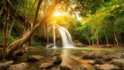 wide panorama beautiful green nature view scenic landscape waterfall in tropical jungle rain forest attraction famous outdoor travel saraburi thailand spring background tourism destination asi - obrazy, fototapety, plakaty