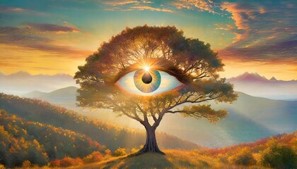eye in repeating fibonacci tree display depicting the infinite nature of reality existence and the ability to commune with an all seeing god - obrazy, fototapety, plakaty
