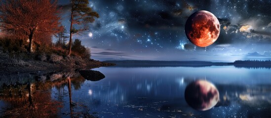 A serene lunar eclipse over a tranquil lake 🌒🌊 Reflecting the harmony of celestial and earthly beauty. #LunarReflections - obrazy, fototapety, plakaty