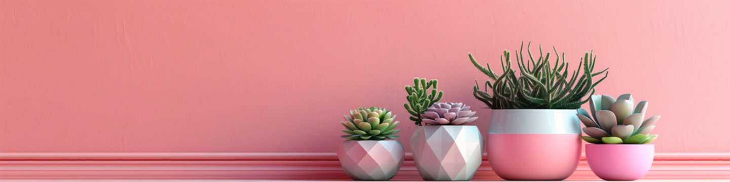 A row of contemporary planters with various succulents against a pink wall. Banner. Copy space.