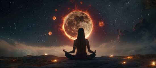 Fototapeta na wymiar A woman's silhouette meditates facing an eclipse at night 🌒🧘‍♀️ A moment of deep focus and tranquility. #MeditationUnderEclipse
