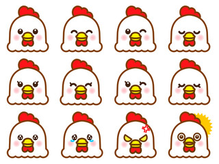 かわいいニワトリの表情アイコンイラスト素材セット