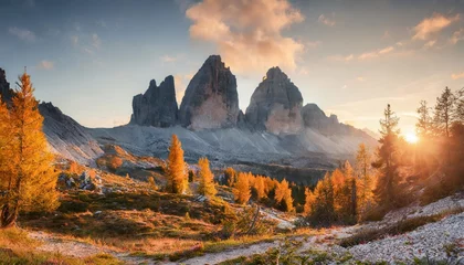 Zelfklevend Fotobehang gloomy autumn view of tre cime di lavaredo national park with orange larch trees fantastic morning scene of dolomite alps auronzo di cadore italy europe beauty of nature concept background © Jayla