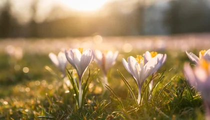 Fotobehang spring flowers crocus blossoms on grass with sunlight © Jayla