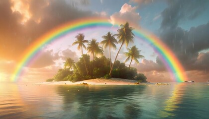 fantasy island with palm trees and rainbow 3d render