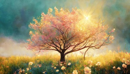 blooming wild flower tree illustration pastel creative landscape of nature waking up with the...
