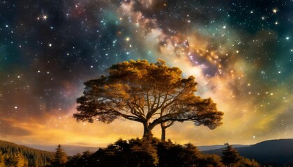 Fototapeta na wymiar huge trees of life blend with psychedelic colored galaxies with stars galaxy clouds 3d generative ai