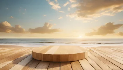 Foto op Canvas 3d wood podium summer background for product display platform scene with sea beach sky cloud empty minimal wooden stage design ai generate © Ryan