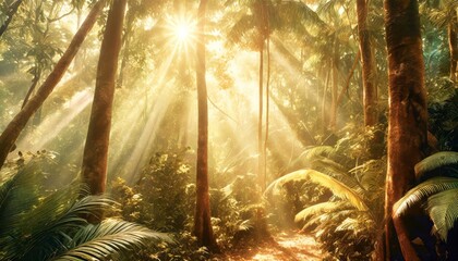 tropical forest jungle with rays of light digital illustration