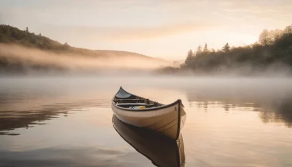 Papier Peint photo Lavable Matin avec brouillard canoe in the water in nature with fog