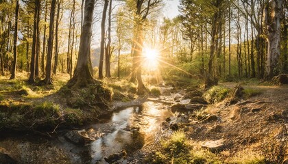beautiful forest panorama with brook and bright sun shining through the trees
