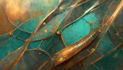 abstract pattern of dried bons and metal in the style of dark turquoise and bronze cracked web...