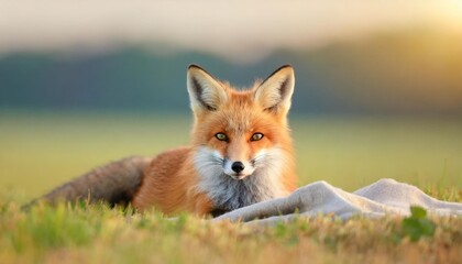 bored young red fox vulpes vulpes lying down and stretching legs on agricultural field cute wild animal resting in nature from front view mammal with fur near den with copy space - obrazy, fototapety, plakaty