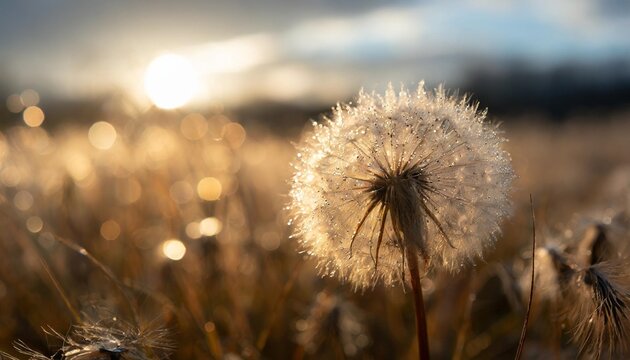 beautiful fluffy dandelion ball with dew drops on a blurry background macro photography of small details of nature