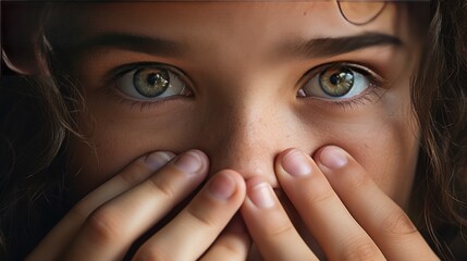 young girl shocked or shocked,Portrait of a young girl's face using her hands  - obrazy, fototapety, plakaty