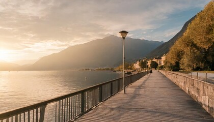 boardwalk of locarno with panorama view at the montains