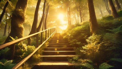 lush green forest stairway digital art staircase in nature illustration - Powered by Adobe