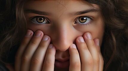 young girl shocked or shocked,Portrait of a young girl's face using her hands  - obrazy, fototapety, plakaty