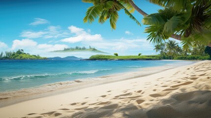 Beautiful beach landscape,Sandy tropical beach with island on background 