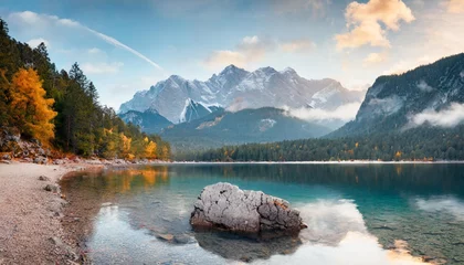 Foto op Canvas splendid morning scene of eibsee lake with zugspitze mountain range on background colorful autumn view of bavarian alps germany europe beauty of nature concept background © Ryan