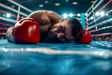 a boxer man falls knocked out TKO in boxing arena . defeat in battle. ai generative
