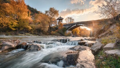 autumn fairytale by the river autumn river with beautiful cascades of water and an old bridge near sitovo village bulgaria - obrazy, fototapety, plakaty