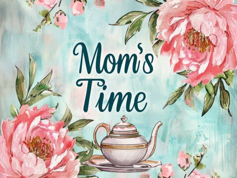 A painting featuring pink peonies and a teapot with the words "mom's time" overlaid. Card. Lettering.