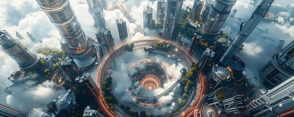 Design a captivating image showcasing a birds-eye view of a futuristic cityscape where individuals with unlocked brain potential are seen engaging in advanced activities  - obrazy, fototapety, plakaty