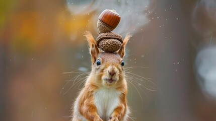 Obraz premium A red squirrel dropping an acorn on its head with a goofy expression, showcasing comedic clumsiness