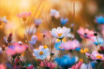 Spring flowers on sunlight flare on the background . generative ai