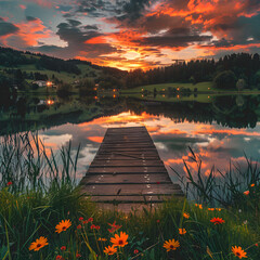 Enchanting Sunset Over Serene Lake Amidst Verdant Forest Landscape: A haven of tranquility - obrazy, fototapety, plakaty