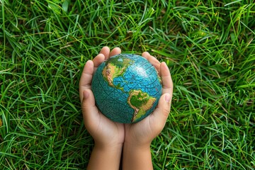 A small globe in the hands of a child on a background of grass.