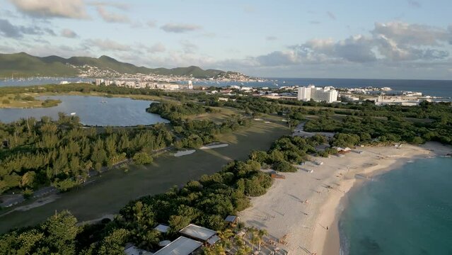 Mullet Bay Saint Martin Aerial Drone fly-over beach and golf course toward Maho and Airport